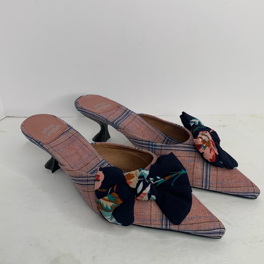 Jeffrey Campbell Adorn pink plaid bow tie mules